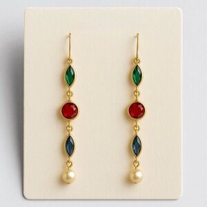 1970s Vintage Austrian Crystal Gold Plated Drop Earrings Multicolor Dangle Pearl